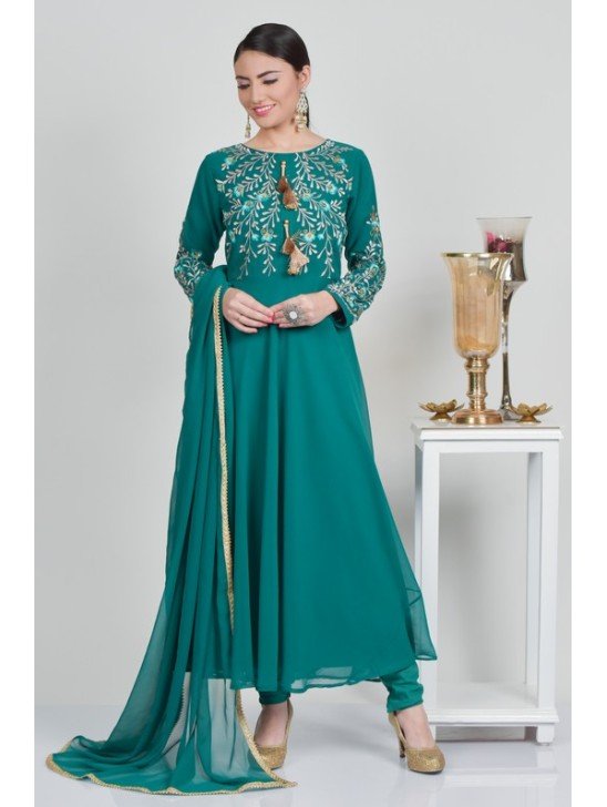 Rama Green Festive Reception Frock Style Dress