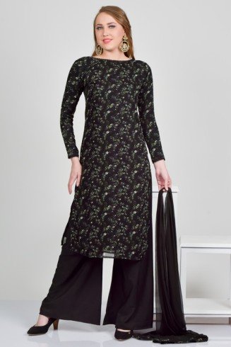 Black Georgette Printed Kurti Palazz Shalwar Suit