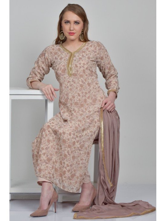 Beige Printed Georgette Salwar Suit