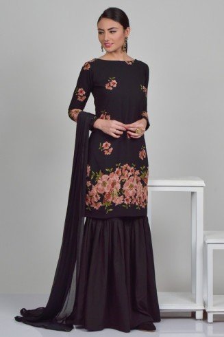 Black Floral Printed Gharara Suit