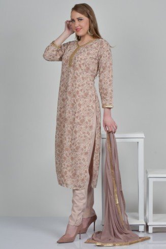 Beige Printed Georgette Salwar Suit