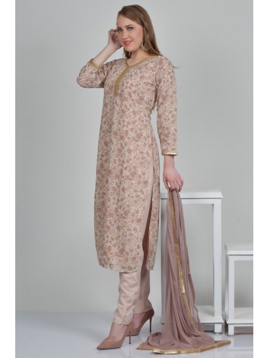 Beige Printed Georgette Salwar Suit