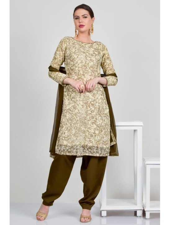 Cream & Mehndi Printed Summer Casual Suit