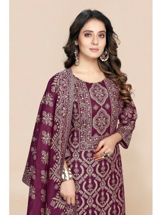 Plum Embroidered Woolen Ceremonial Trendy Suit