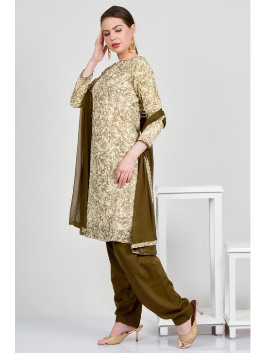 Cream & Mehndi Printed Summer Casual Suit