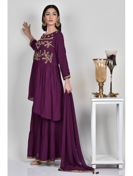 Purple Punjabi Style Georgette Gharara Indian Wear