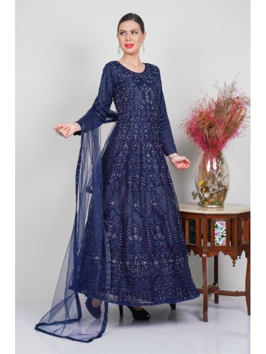 Navy Blue Embroidered Shimmering Maxi Dress