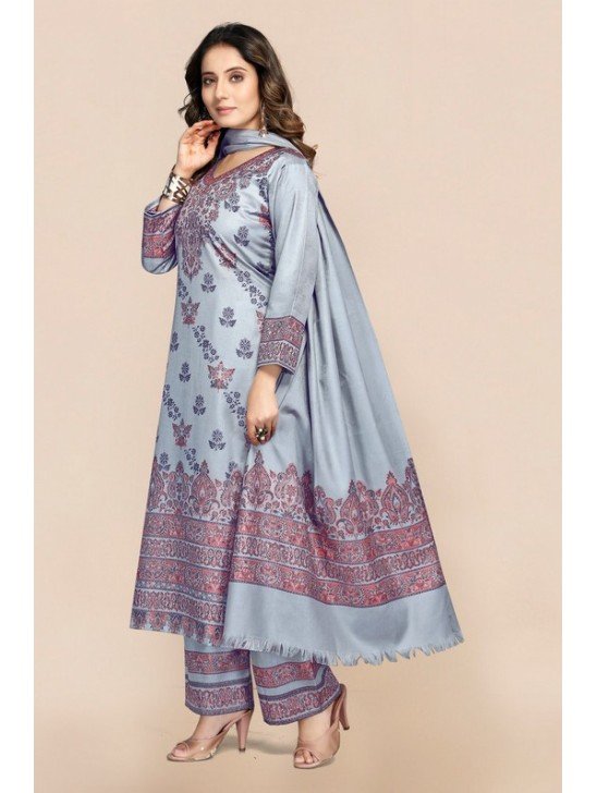 Grey Printed Palazzo Suit Pakistani Woolen Dress