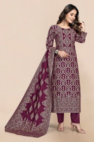 Plum Embroidered Woolen Ceremonial Trendy Suit