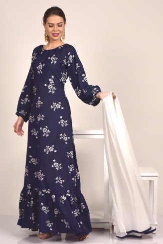Navy Blue Crepe Floral Printed Gown