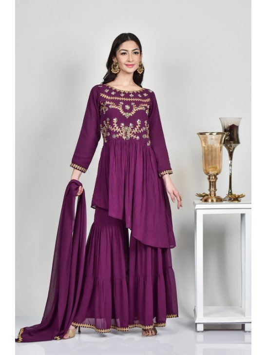 Purple Punjabi Style Georgette Gharara Indian Wear