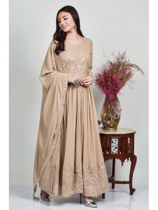 Beige Embroidered Flared Indian Anarkali Dress