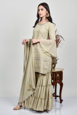 Beige Indian Embroidered Readymade Gharara Suit