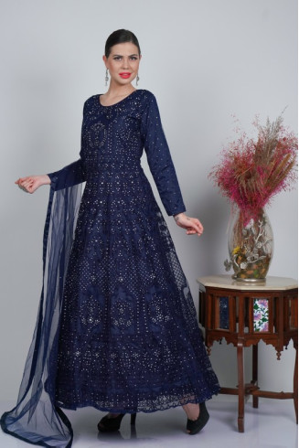 Navy Blue Embroidered Shimmering Maxi Dress