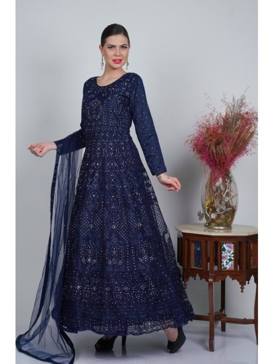 Navy Blue Embroidered Shimmering Maxi Dress
