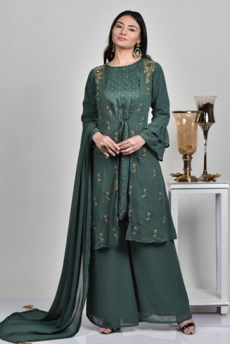 Stunning Moss Green Jacket Style Gharara Dress