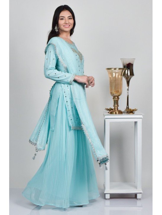 Sky Blue Georgette Designer Embroidered Gharara Suit