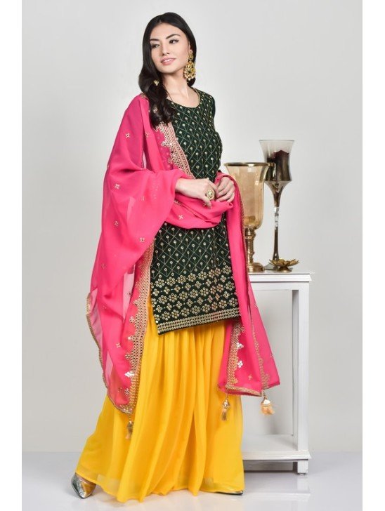 Green & Yellow Pakistani Wedding Wear Gharara Suit