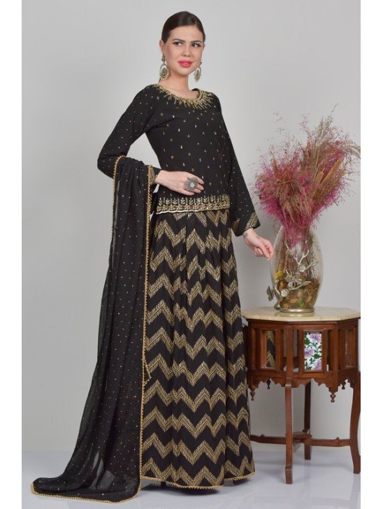 Black Designer Embroidered Party Wear Flared Lehenga Suit