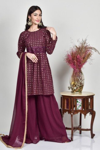 Plum Embellished Eid Party Gharara Dress