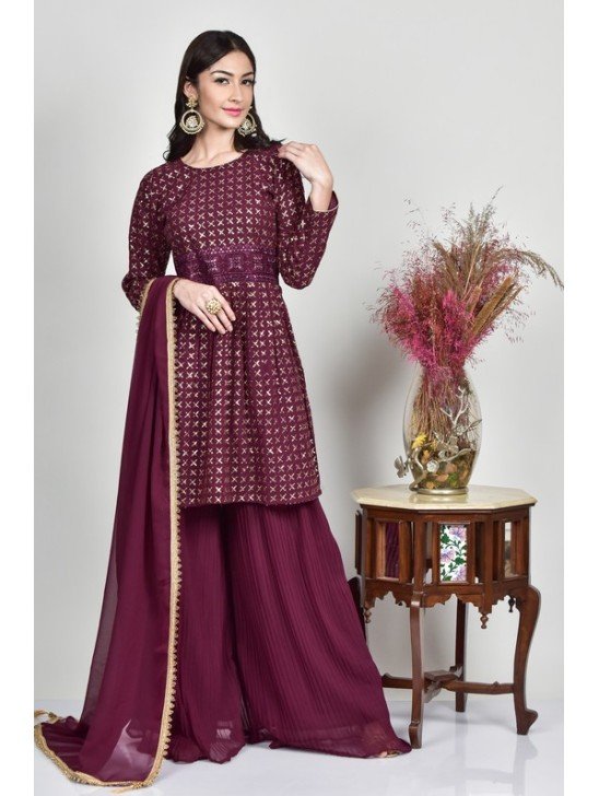 Plum Embellished Eid Party Gharara Dress