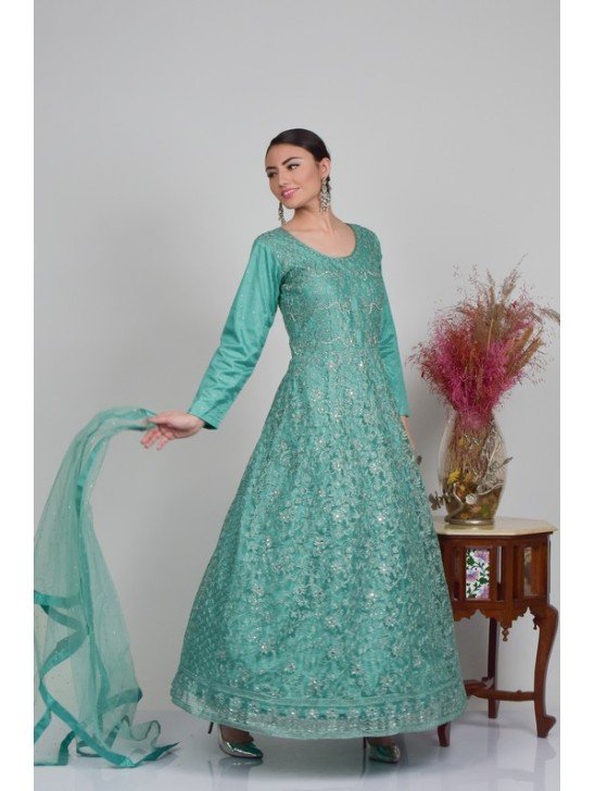 Dark Mint Shimmering Party Wear Gown