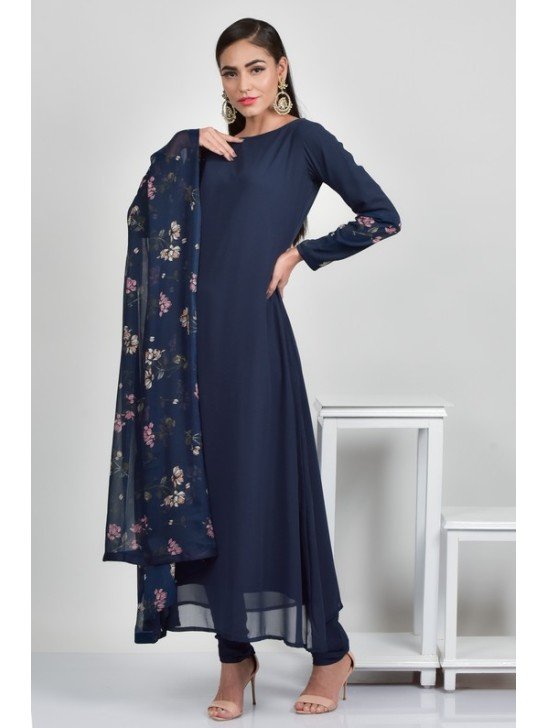 Midnight Blue Printed Readymade Pakistani Designer Suit