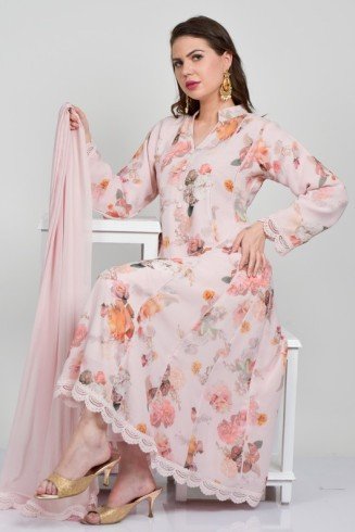 Light Pink Floral Printed Anarkali Dress
