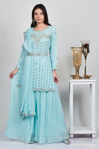 Sky Blue Georgette Designer Embroidered Gharara Suit
