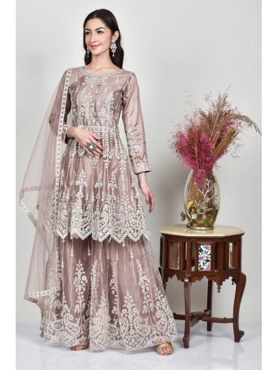 Mauve Embroidered Readymade Gharara Suit