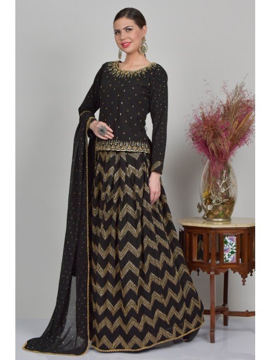 Black Designer Embroidered Party Wear Flared Lehenga Suit