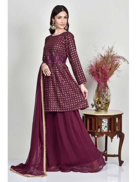 Plum Embellished Eid Party Gharara Dress