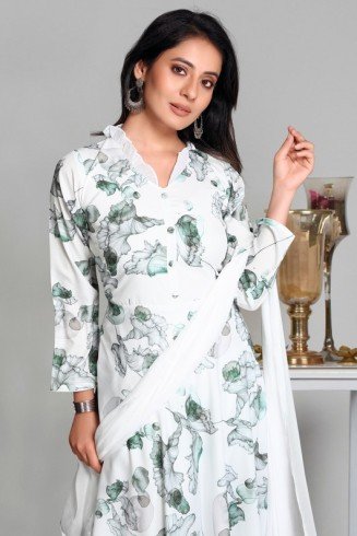 Off White Digital Printed Frock Style Readymade Suit