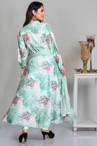 Mint Digital Printed Frock Style Churidar Suit Readymade Crepe Dress