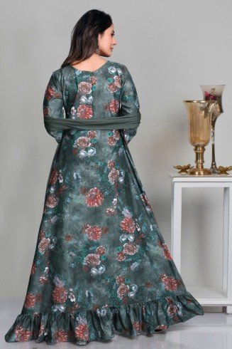 Charcoal Grey Printed Long Dress Party Wear Gown