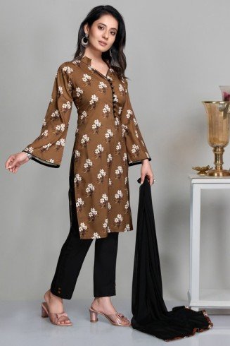 Brown & Black Crepe Printed Readymade Salwar Suit