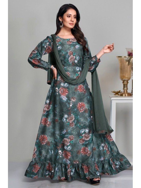 Charcoal Grey Printed Long Dress Party Wear Gown