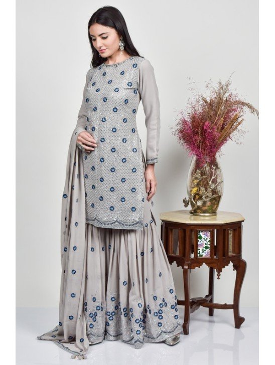 Grey Party Wear Embroidered Gharara Suit