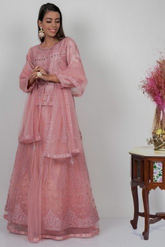 Hot Pink Heavy Embroidered Net Wedding Lehenga