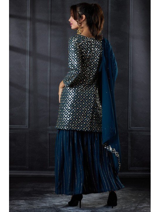 Dark Blue Mirror Work Wedding Party Gharara Suit