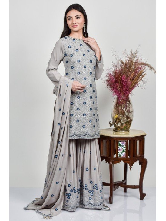 Grey Party Wear Embroidered Gharara Suit