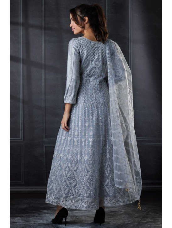 Grey Embroidered Wedding Designer Anarkali Frock Dress