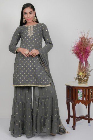 Grey Embroidered Designer Punjabi Gharara Suit