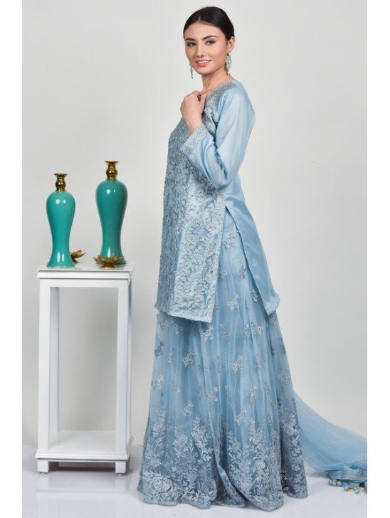 Blue Heavy Net Embroidered Indian Wedding Lehenga Readymade Dress
