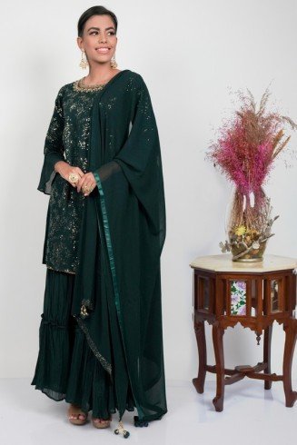 Dark Green Sequin Layered Style Gharara Dress