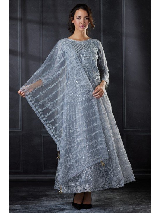 Grey Embroidered Wedding Designer Anarkali Frock Dress