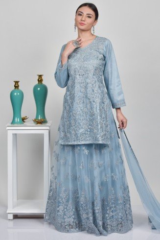 Blue Heavy Net Embroidered Indian Wedding Lehenga Readymade Dress