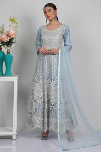 Dusty Blue Net Embroidered Anarkali Dress