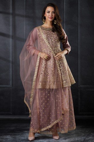 Rose Pink Net Heavy Embroidered Readymade Sharara Suit