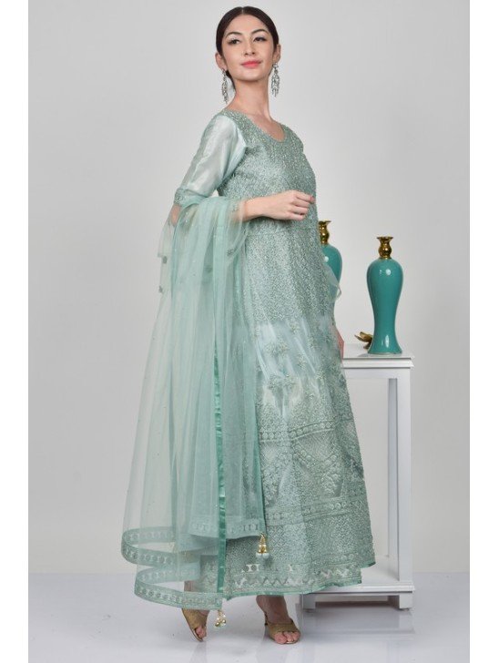 Mint Embroidered Indian Designer Wedding Frock Dress